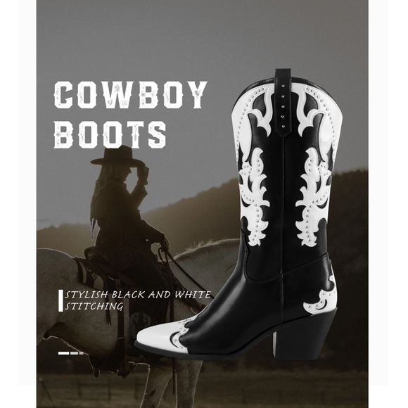 Shoe ‘n Tale Pointed Toe Cowgirl Studded Black and White Western Boots, Size 37 - Picture 3 of 10